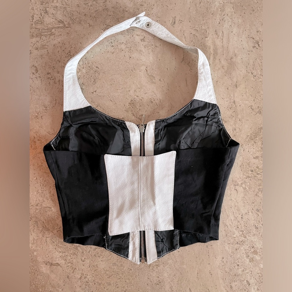 Women’s Two-Tone Halter Zip Front Top - White & Black - Picture 2 of 7